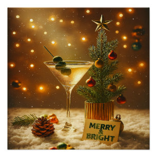 Mid Century Merry & Bright Martini Christmas Tree Poster