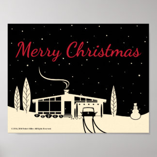 Mid-Century Merry Christmas Snowscene-Black Poster