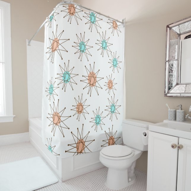 Mid-century Midern Starburst pattern shower curtai Shower Curtain (In Situ)