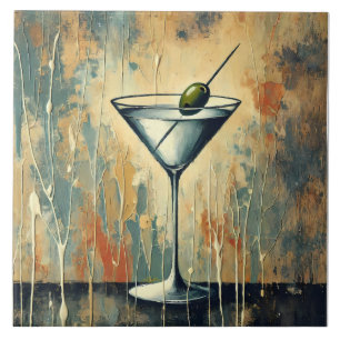 Mid Century Mixed Media Martini Art Ceramic Tile