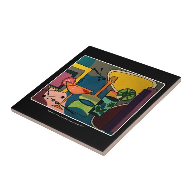 Mid Century Mod Abstract Cocktails painting on a Tile (Side)