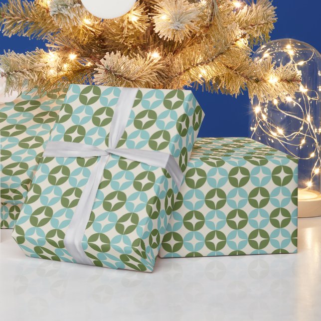 Mid Century Mod Blue Sage Green Festive Geometric Wrapping Paper (Holidays)