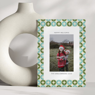 Mid Century Mod Blue Sage Green Vertical Photo  Holiday Card