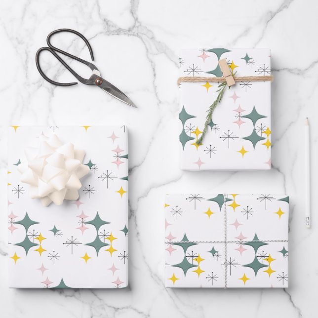 Mid Century Mod Diamonds Starbursts Pink Gold Teal Wrapping Paper Sheet (Front)