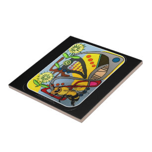 Mid Century Mod Garden Bee painting on a Ceramic Tile