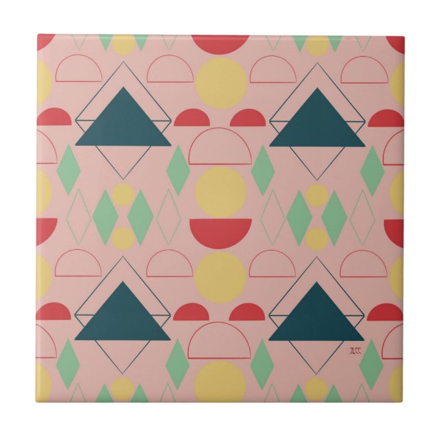 Mid Century Mod Geometric Pink Ceramic Tile (Front)