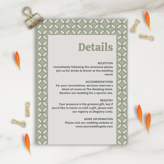 Mid Century Mod Retro Wedding Details Olive Green Enclosure Card (Creator Uploaded)