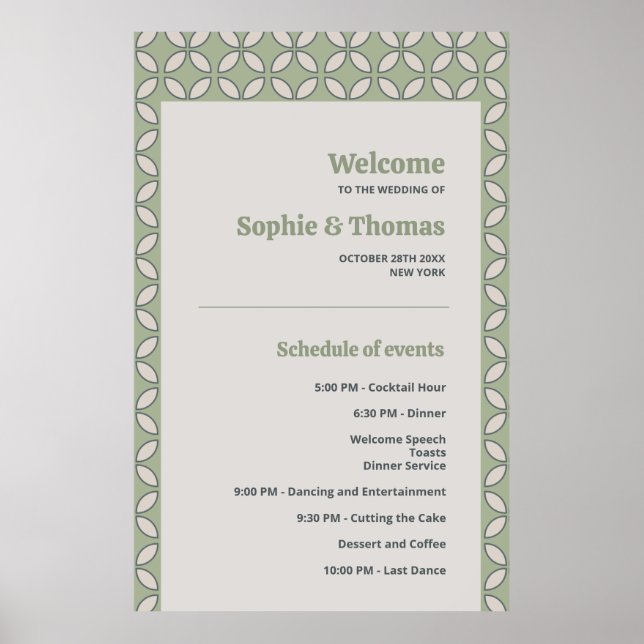 Mid Century Mod Retro Wedding Olive Green Program Poster (Front)