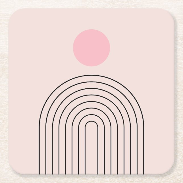 Mid Century Modern 05 Sun And Rainbow Blush Pink Square Paper Coaster (Front)