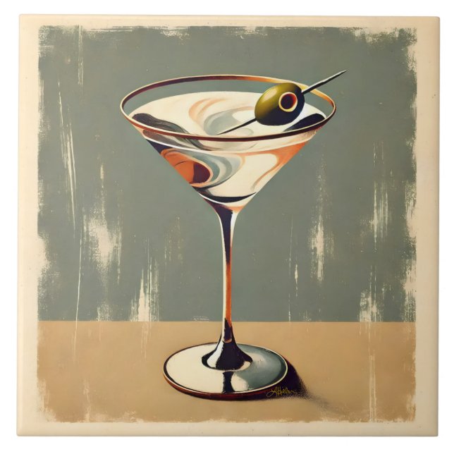 Mid Century Modern 1 Olive Martini Painting Ceramic Tile (Front)