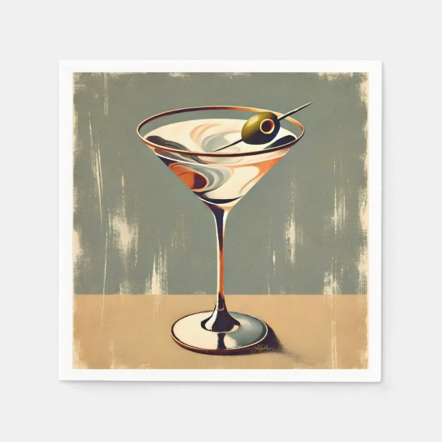 Mid Century Modern 1 Olive Martini Painting Napkin (Front)