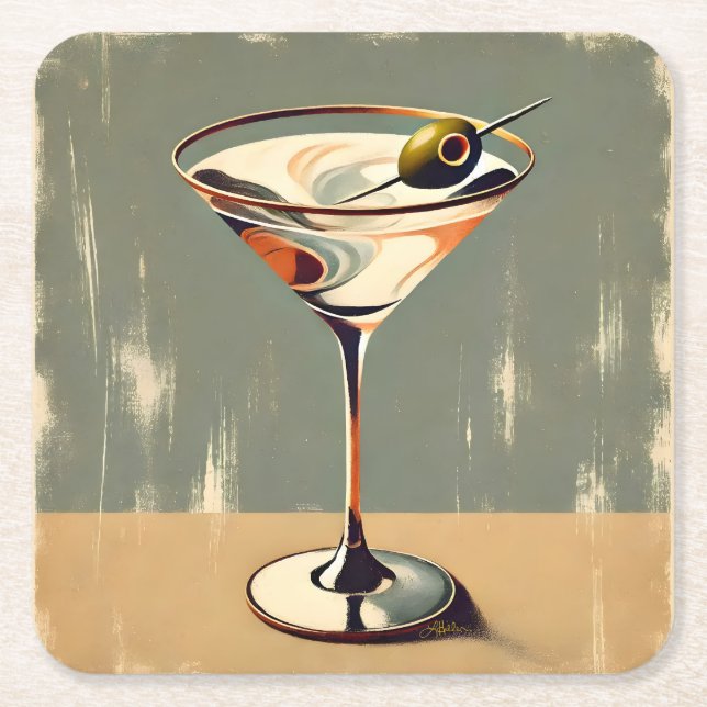 Mid Century Modern 1 Olive Martini Painting Square Paper Coaster (Front)