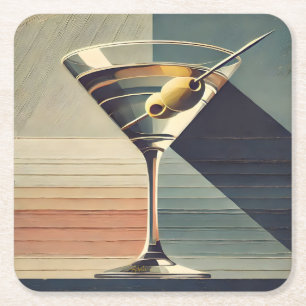Mid Century Modern 2 Olive Martini Cocktail Hour Square Paper Coaster