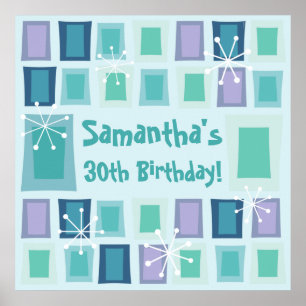 Mid Century Modern 30th Birthday Aquamarine Poster
