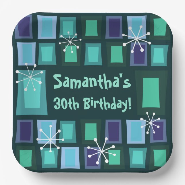 Mid Century Modern 30th Birthday Teal Paper Plate (Front)