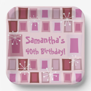 Mid Century Modern 40th Birthday Pink Paper Plate