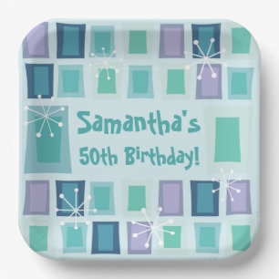 Mid Century Modern 50th Birthday Aquamarine Paper Plate