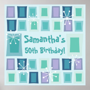 Mid Century Modern 50th Birthday Aquamarine Poster