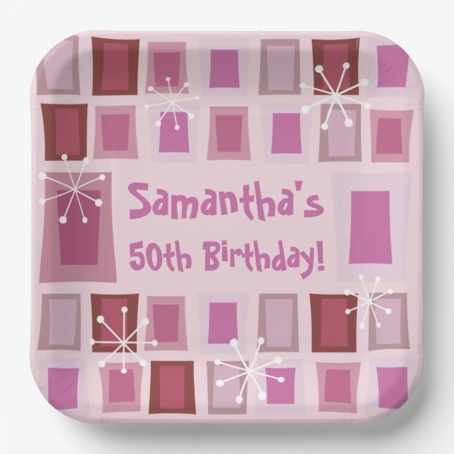 Mid Century Modern 50th Birthday Pink Paper Plate (Front)