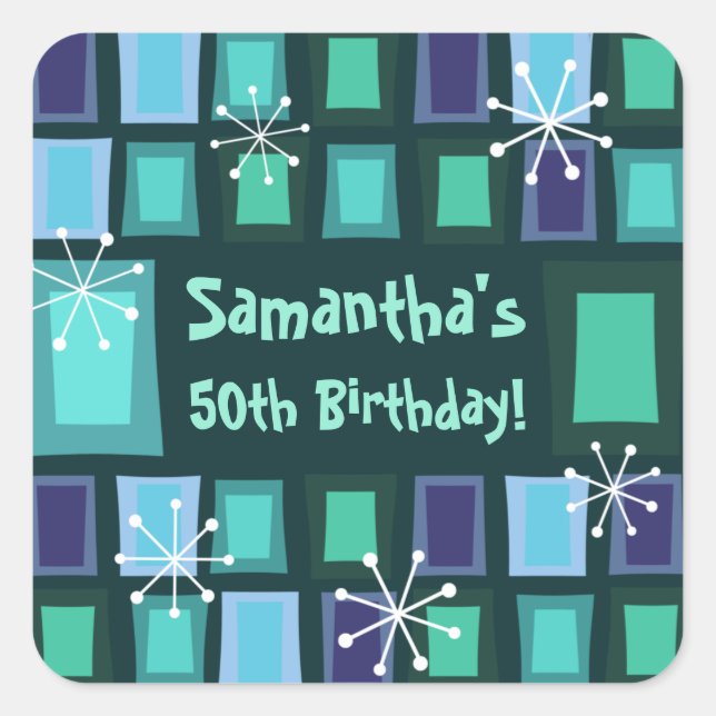 Mid Century Modern 50th Birthday Teal Square Sticker (Front)