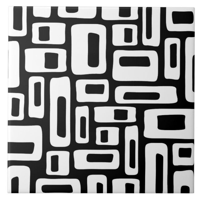 Mid Century Modern Abstract Black & White Pattern Ceramic Tile (Front)
