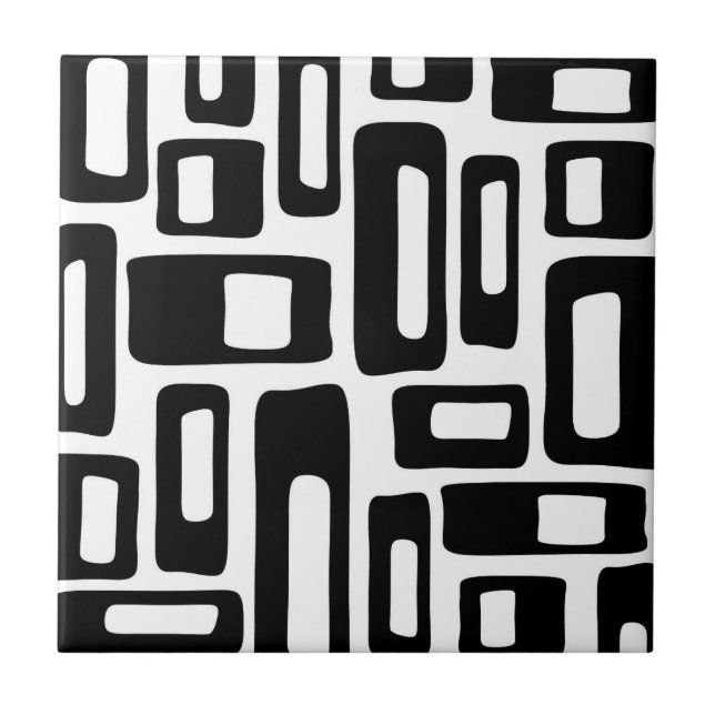 Mid Century Modern Abstract Black & White Pattern Ceramic Tile (Front)