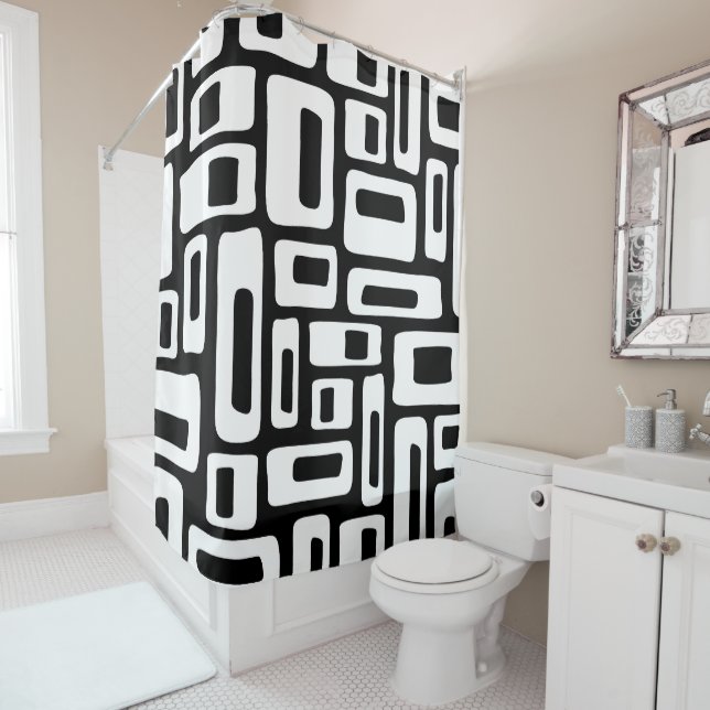 Mid Century Modern Abstract Black & White Pattern Shower Curtain (In Situ)