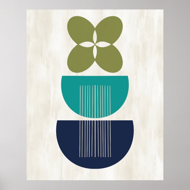 Mid Century Modern Abstract Botanical Blue Teal  Poster (Front)