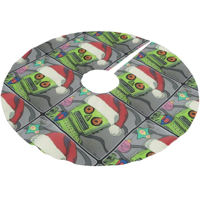 Mid-Century Modern Abstract Christmas Robot Brushed Polyester Tree Skirt (Angled)
