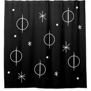 Mid Century Modern Abstract Circles Stars Black Shower Curtain