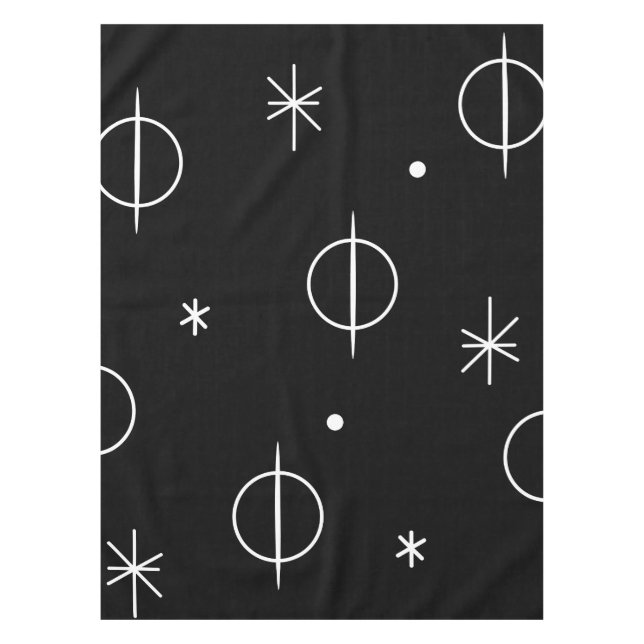 Mid Century Modern Abstract Circles Stars Black Tablecloth (Front)