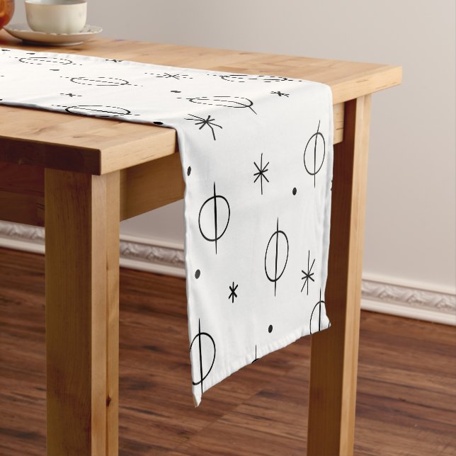 Mid Century Modern Abstract Circles Stars White Short Table Runner (In Situ)
