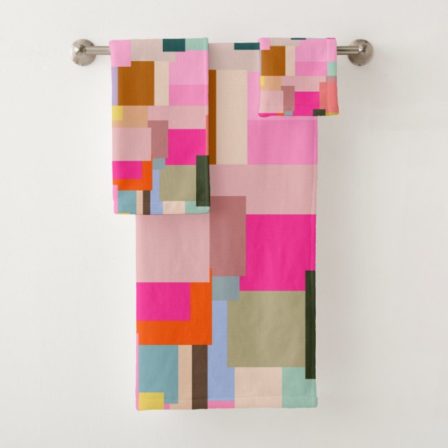 Mid Century Modern Abstract Geometric Colour Block Bath Towel Set (Insitu)