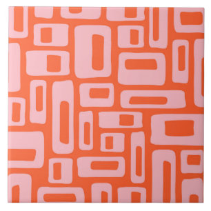Mid Century Modern Abstract Orange & Pink Pattern Ceramic Tile