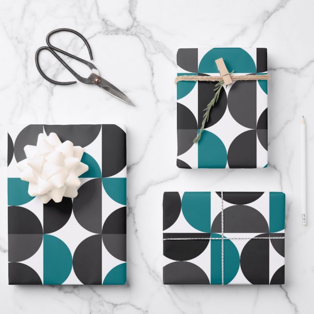 Mid Century Modern Abstract Pattern Blue & White Wrapping Paper Sheet (Front)