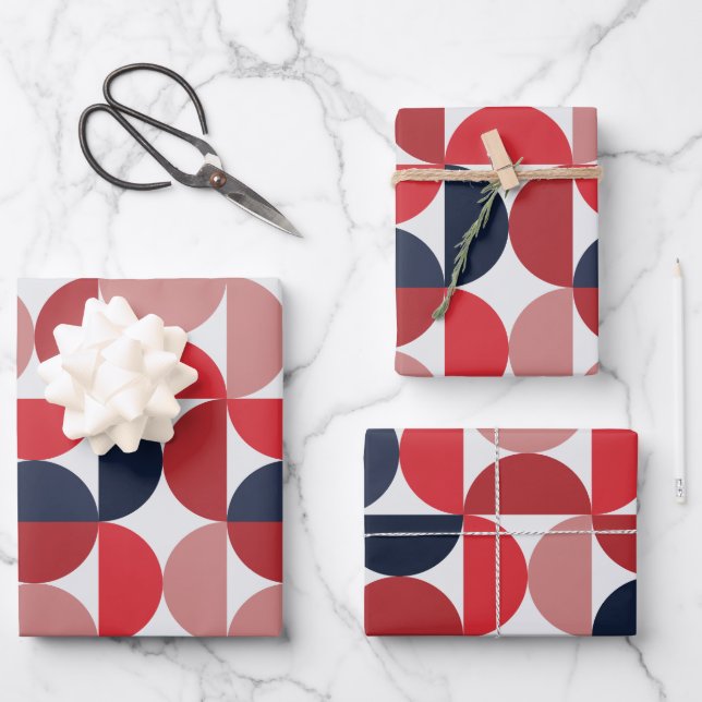 Mid Century Modern Abstract Pattern Burgundy& Blue Wrapping Paper Sheet (Front)
