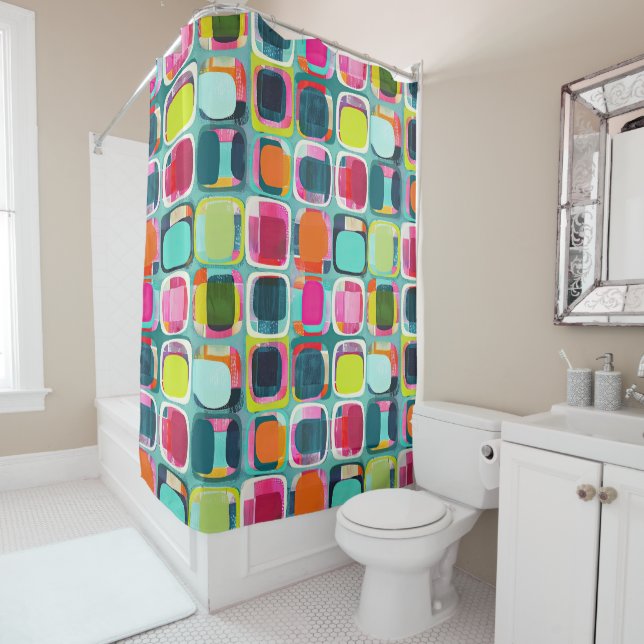  Mid Century Modern Abstract Pattern Colourful Shower Curtain (In Situ)