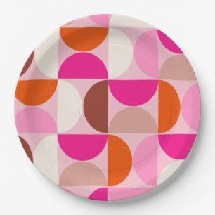 Mid Century Modern Abstract Pattern Pink Orange Paper Plate