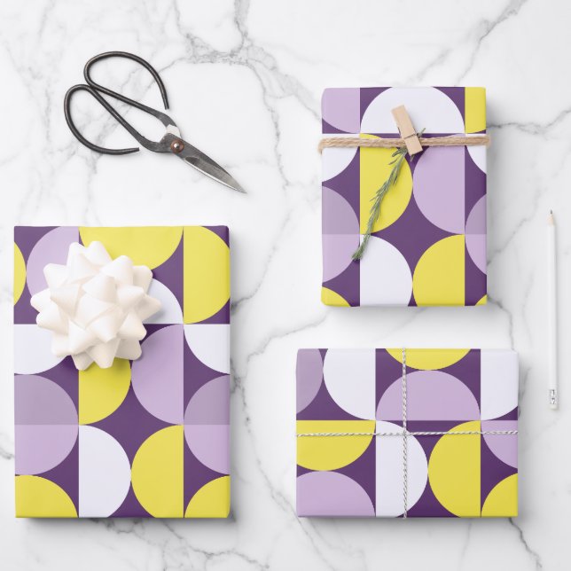 Mid Century Modern Abstract Pattern Purple& Yellow Wrapping Paper Sheet (Front)