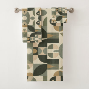 Mid Century Modern Abstract Pattern Sage Green Bath Towel Set