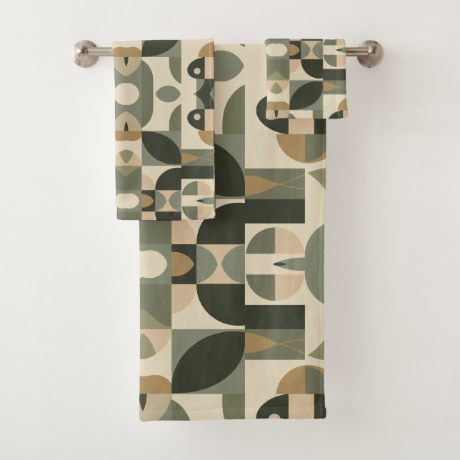 Mid Century Modern Abstract Pattern Sage Green Bath Towel Set (Insitu)