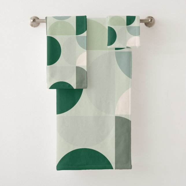 Mid Century Modern Abstract Pattern Sage Green Bath Towel Set (Insitu)
