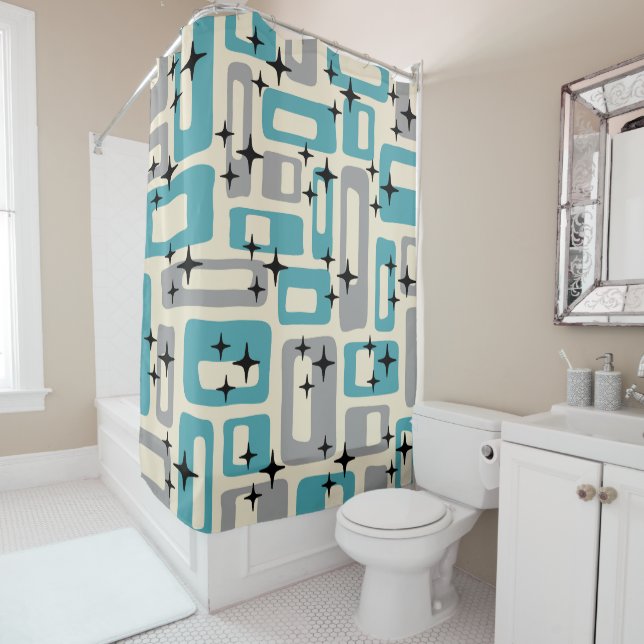 Mid Century Modern Abstract Pattern Shower Curtain (In Situ)