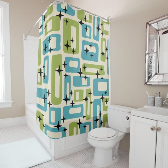 Mid Century Modern Abstract Pattern Shower Curtain (In Situ)