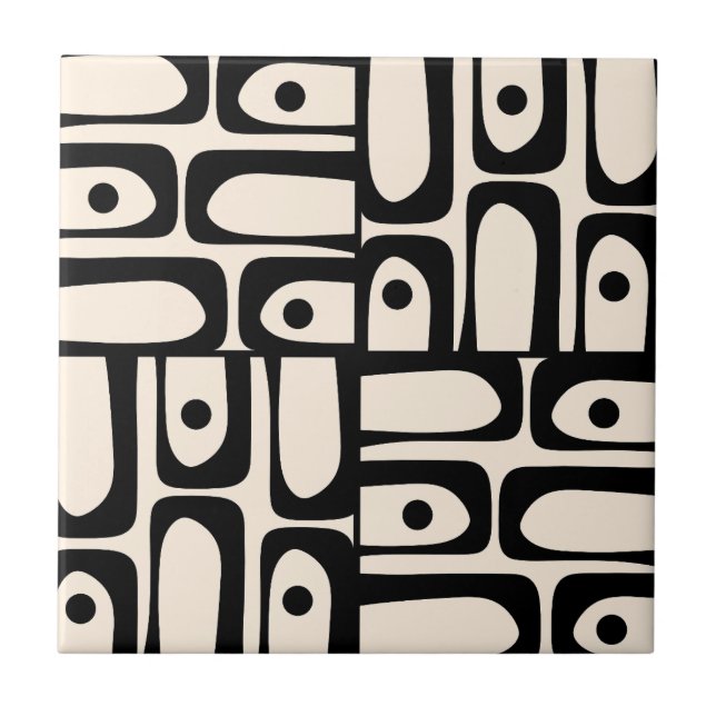 Mid Century Modern Abstract Piquet Black and Cream Ceramic Tile (Front)