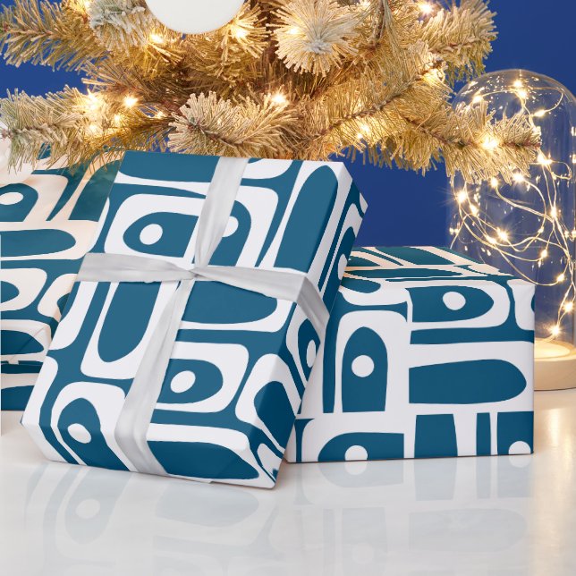 Mid Century Modern Abstract Piquet Pattern Blue Wrapping Paper (Holidays)