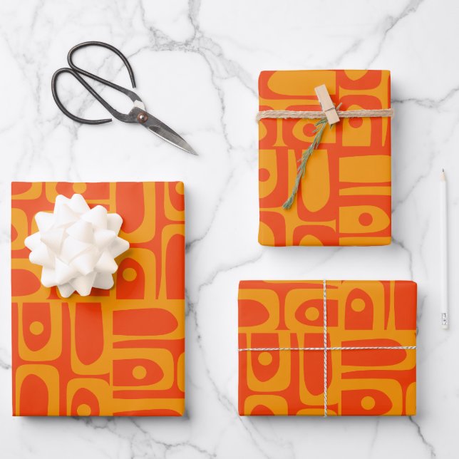 Mid Century Modern Abstract Piquet Patterns Orange Wrapping Paper Sheet (Front)