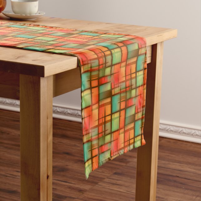 Mid Century Modern Abstract Plaid Blue Green Red Medium Table Runner (In Situ)