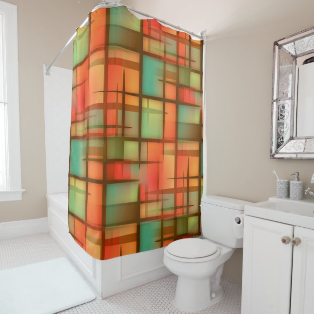 Mid Century Modern Abstract Plaid Blue Green Red Shower Curtain (In Situ)