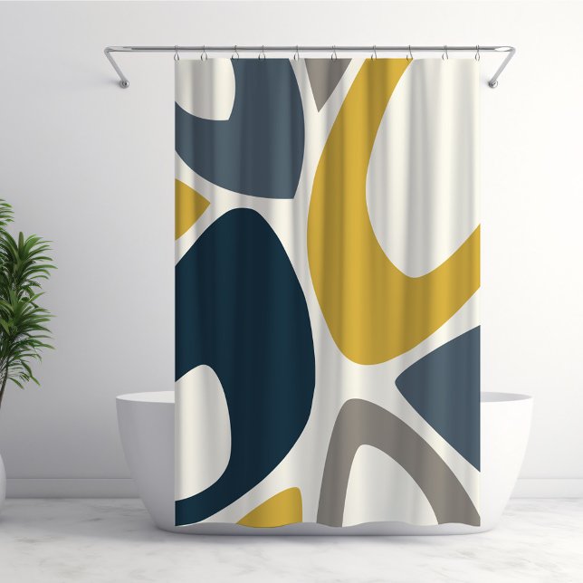 Mid Century Modern Abstract Shapes 2 Navy, Mustard Shower Curtain (Creator Uploaded)
